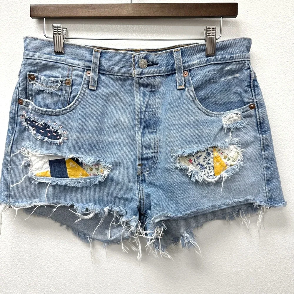 Levi's Premium 501 Button Fly Upcycled Quilt Patch‎ Jean Short in Fault Line 29